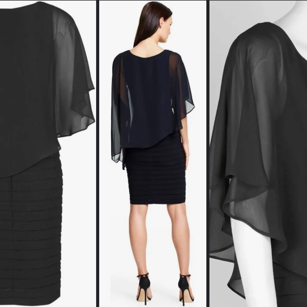 EUC | Adrianna Papell Chiffon drape overlay banded cocktail dress in Black - Picture 3 of 6